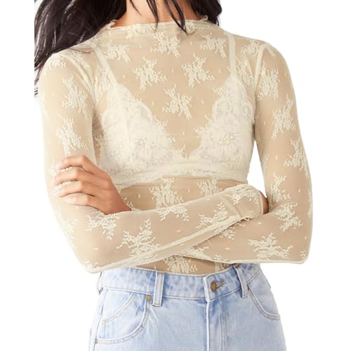 Women's Lace Layering Top Long Sleeve Sheer Mesh Mock Neck